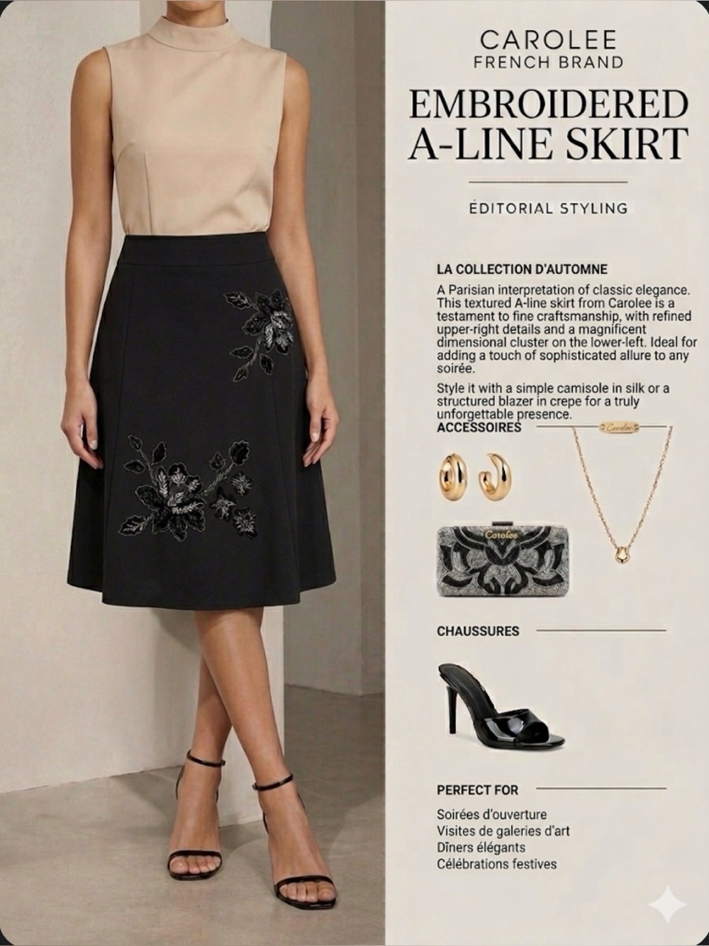 Carolee Black A-Line Skirt with Silver Floral Embroidery
